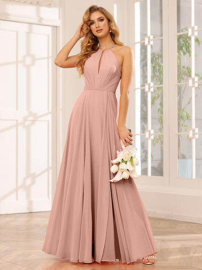 A-Line/Princess Halter Long Bridesmaid Dresses with Split Side