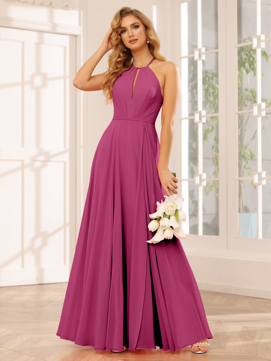 A-Line/Princess Halter Long Bridesmaid Dresses with Split Side