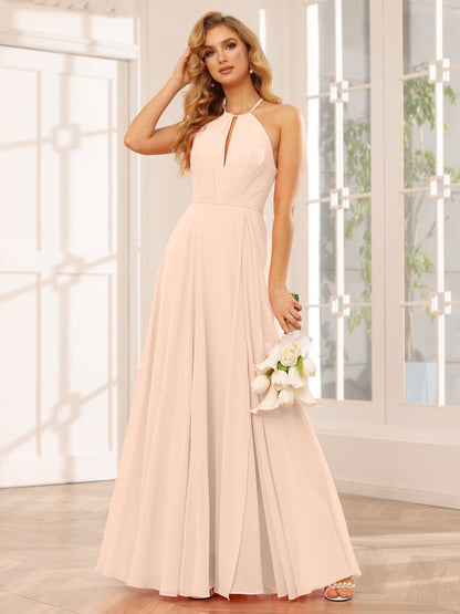 A-Line/Princess Halter Long Bridesmaid Dresses with Split Side