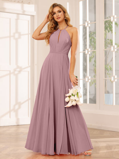 A-Line/Princess Halter Long Bridesmaid Dresses with Split Side