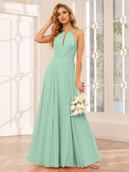 A-Line/Princess Halter Long Bridesmaid Dresses with Split Side