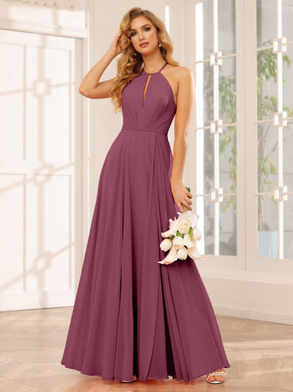 A-Line/Princess Halter Long Bridesmaid Dresses with Split Side