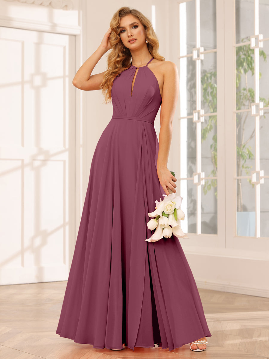 A-Line/Princess Halter Long Bridesmaid Dresses with Split Side