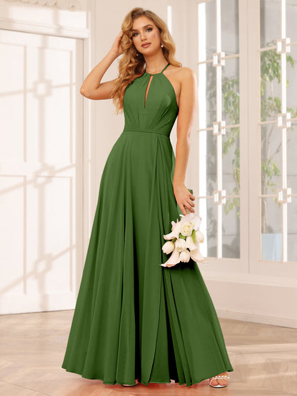 A-Line/Princess Halter Long Bridesmaid Dresses with Split Side