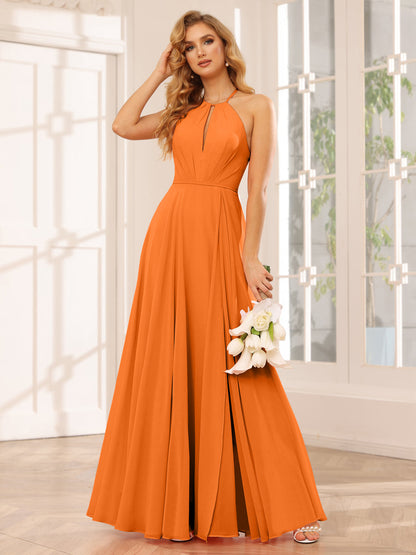 A-Line/Princess Halter Long Bridesmaid Dresses with Split Side