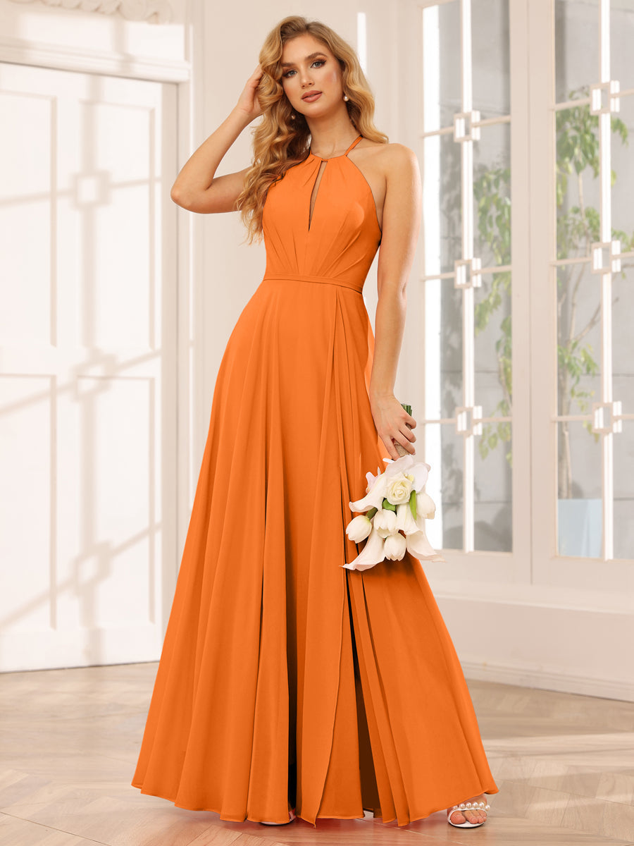 A-Line/Princess Halter Long Bridesmaid Dresses with Split Side