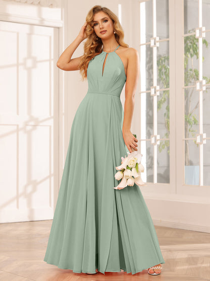 A-Line/Princess Halter Long Bridesmaid Dresses with Split Side