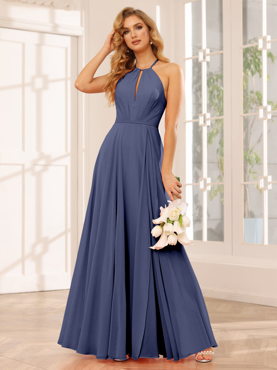 A-Line/Princess Halter Long Bridesmaid Dresses with Split Side