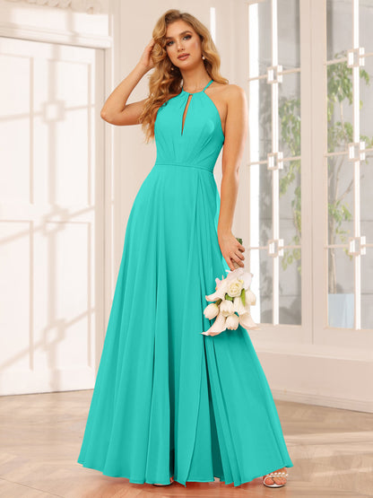 A-Line/Princess Halter Long Bridesmaid Dresses with Split Side