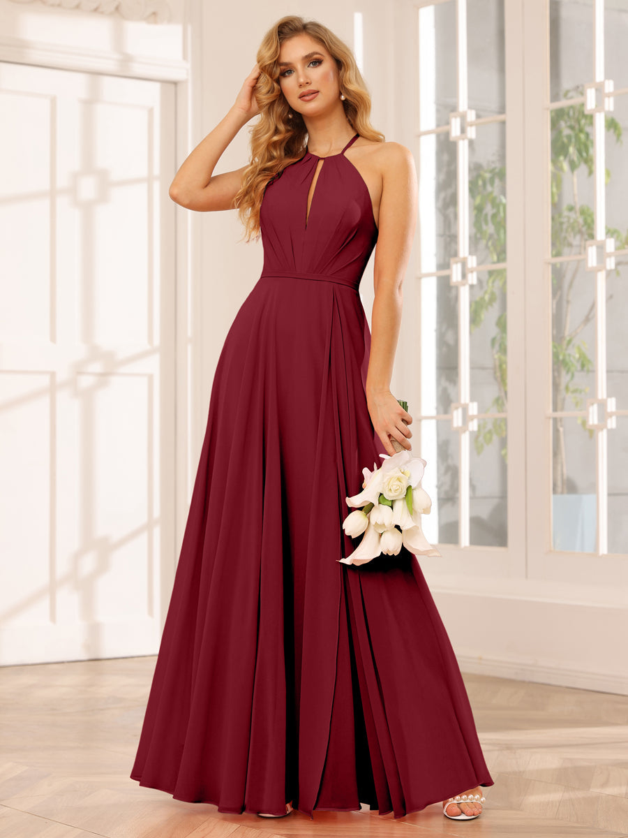 A-Line/Princess Halter Long Bridesmaid Dresses with Split Side