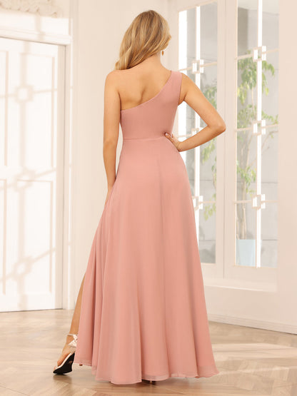 A-Line/Princess One-Shoulder Long Bridesmaid Dresses with Split Side