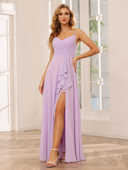 A-Line/Princess Spaghetti Straps V-Neck Long Bridesmaid Dresses with Split Side