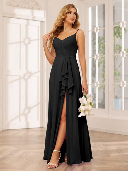 A-Line/Princess Spaghetti Straps V-Neck Long Bridesmaid Dresses with Split Side