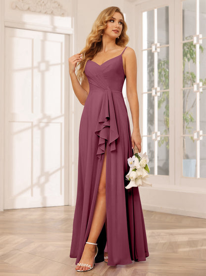 A-Line/Princess Spaghetti Straps V-Neck Long Bridesmaid Dresses with Split Side