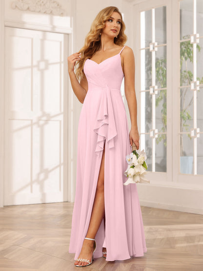 A-Line/Princess Spaghetti Straps V-Neck Long Bridesmaid Dresses with Split Side