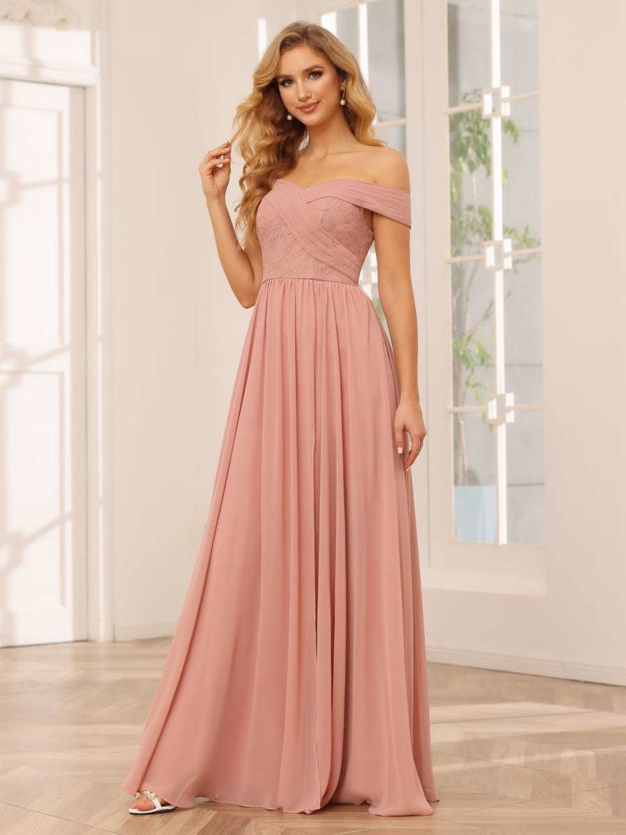 A-Line/Princess Off-the-Shoulder Long Bridesmaid Dresses with Applique