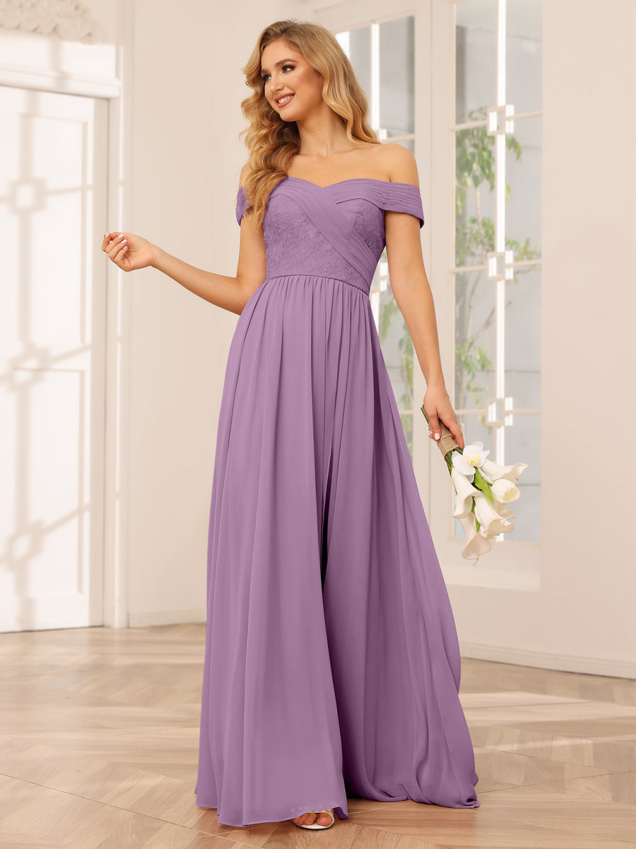 A-Line/Princess Off-the-Shoulder Long Bridesmaid Dresses with Applique