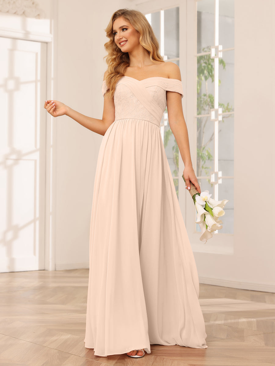 A-Line/Princess Off-the-Shoulder Long Bridesmaid Dresses with Applique