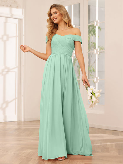 A-Line/Princess Off-the-Shoulder Long Bridesmaid Dresses with Applique