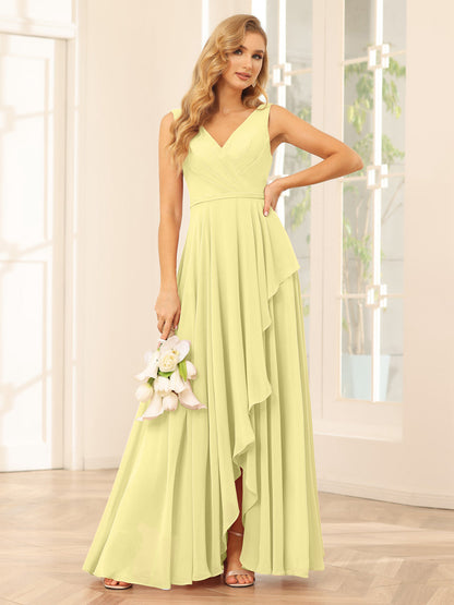 A-Line/Princess V-Neck Asymmetrical Bridesmaid Dresses with Ruffles