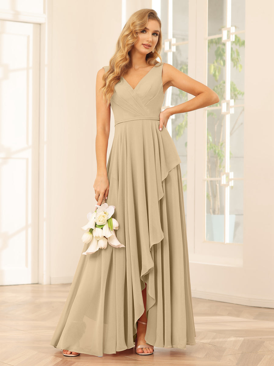 A-Line/Princess V-Neck Asymmetrical Bridesmaid Dresses with Ruffles