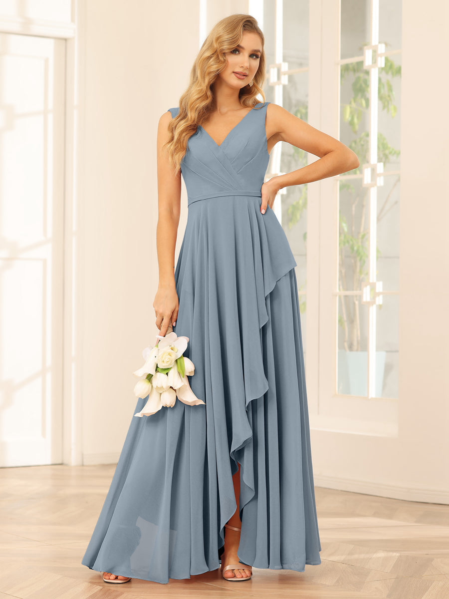 A-Line/Princess V-Neck Asymmetrical Bridesmaid Dresses with Ruffles