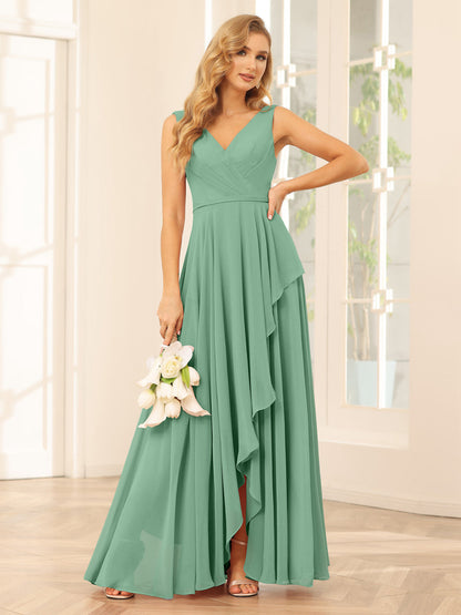 A-Line/Princess V-Neck Asymmetrical Bridesmaid Dresses with Ruffles