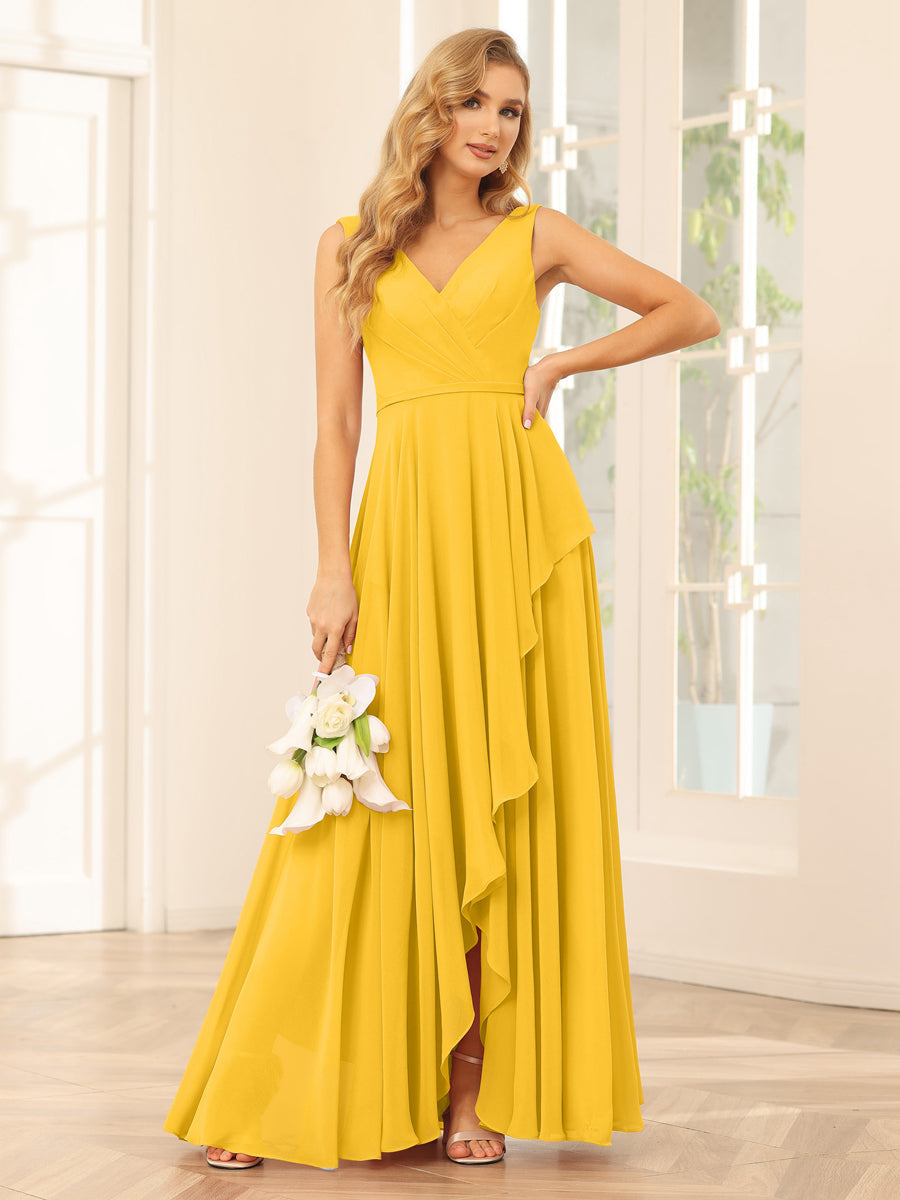 A-Line/Princess V-Neck Asymmetrical Bridesmaid Dresses with Ruffles