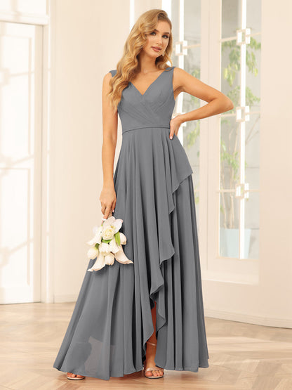 A-Line/Princess V-Neck Asymmetrical Bridesmaid Dresses with Ruffles