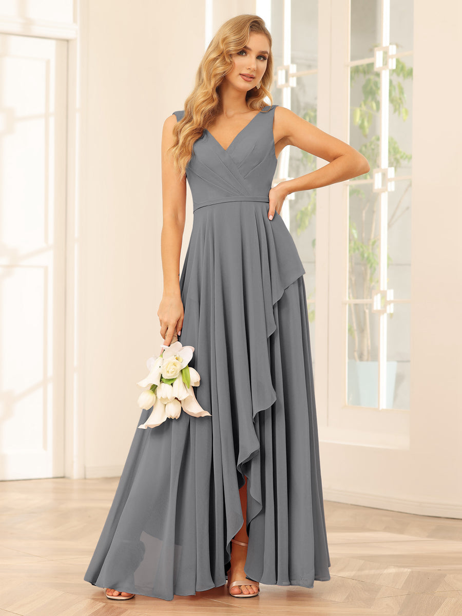 A-Line/Princess V-Neck Asymmetrical Bridesmaid Dresses with Ruffles