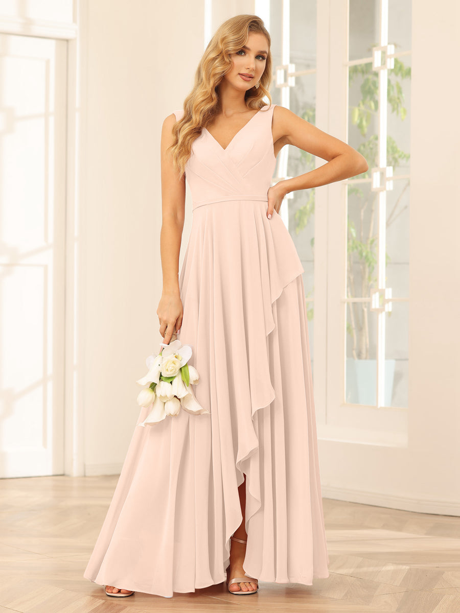 A-Line/Princess V-Neck Asymmetrical Bridesmaid Dresses with Ruffles