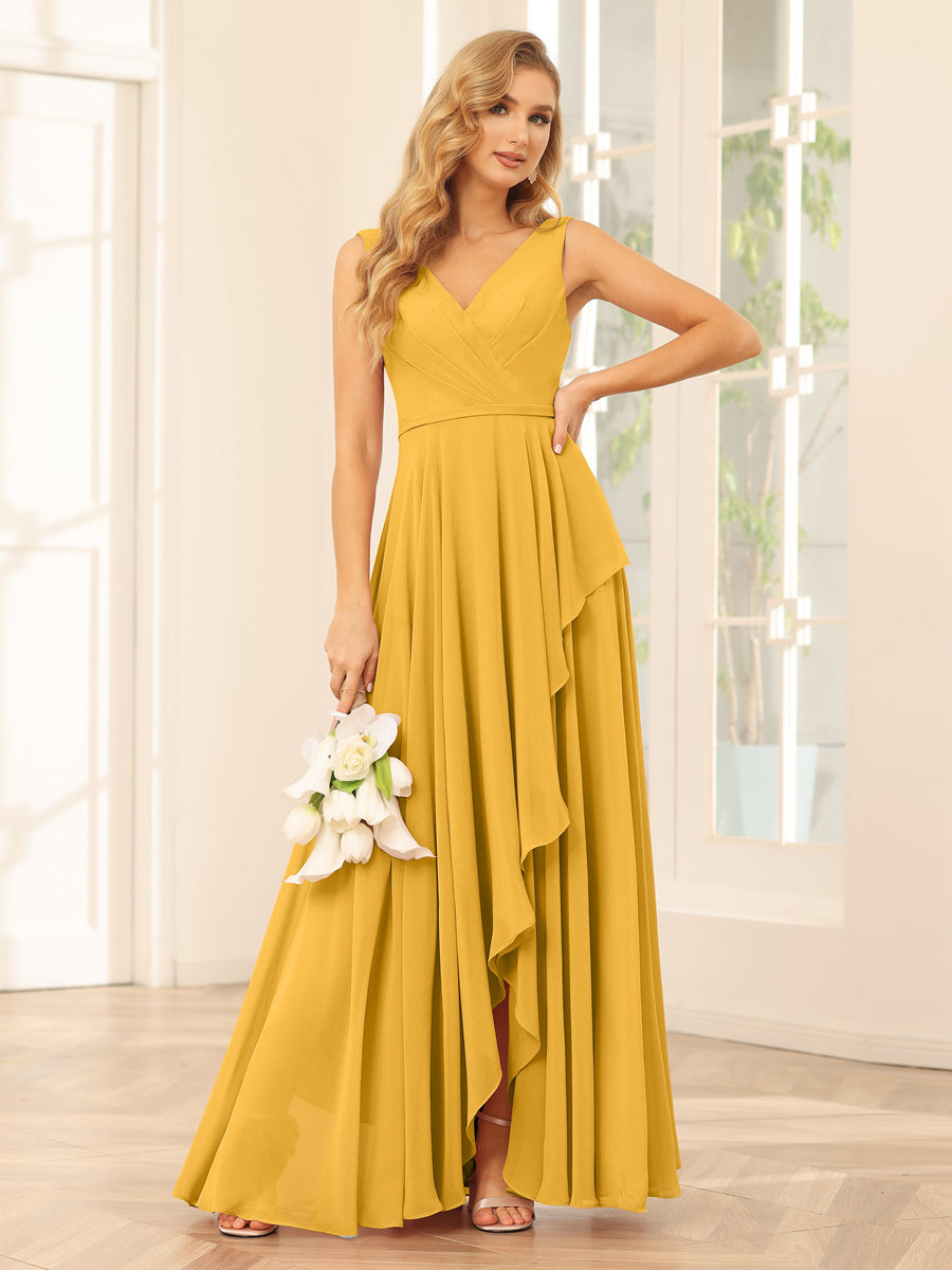 A-Line/Princess V-Neck Asymmetrical Bridesmaid Dresses with Ruffles