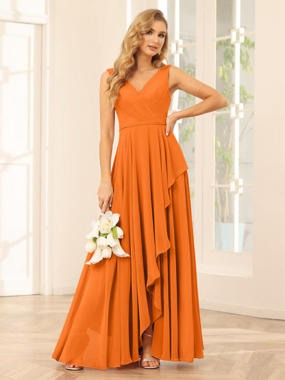 A-Line/Princess V-Neck Asymmetrical Bridesmaid Dresses with Ruffles