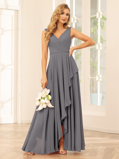 A-Line/Princess V-Neck Asymmetrical Bridesmaid Dresses with Ruffles