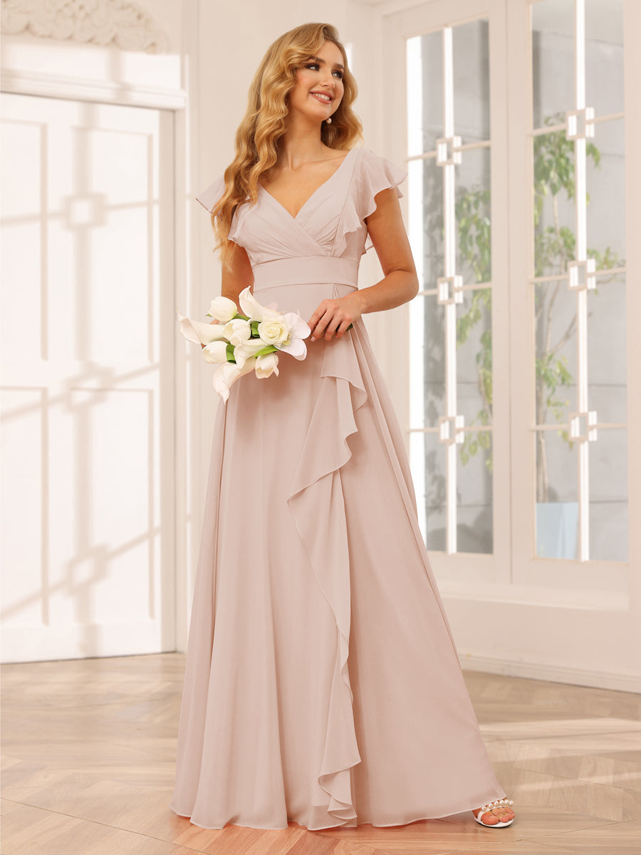 Princess V-Neck Long Flutter Sleeve Bridesmaid Dresses with Open
