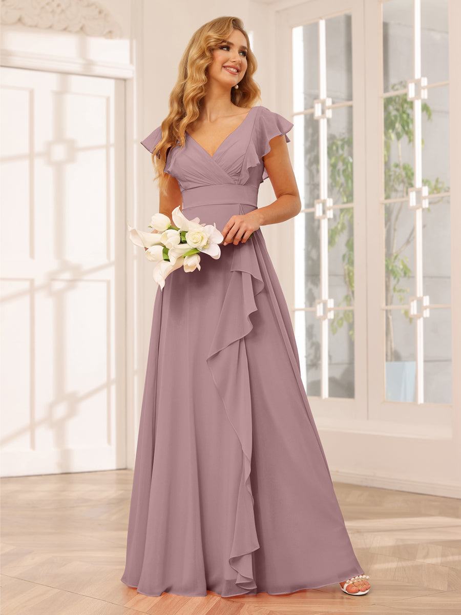 Princess V-Neck Long Flutter Sleeve Bridesmaid Dresses with Open Back –  AlfaBridal
