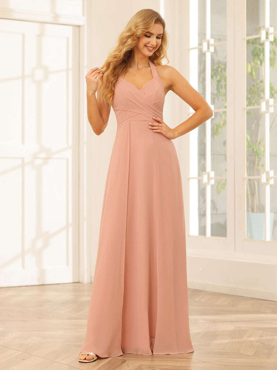 A-Line/Princess Halter Long Bridesmaid Dresses with Split Side