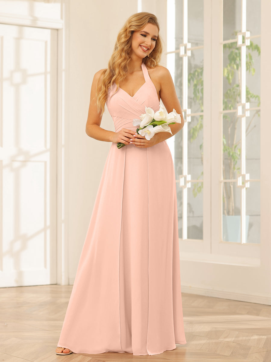 A-Line/Princess Halter Long Bridesmaid Dresses with Split Side