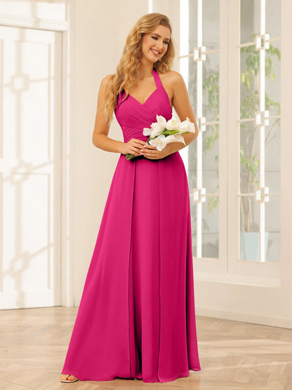 A-Line/Princess Halter Long Bridesmaid Dresses with Split Side