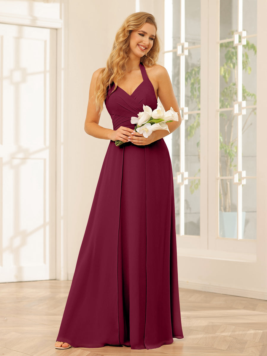 A-Line/Princess Halter Long Bridesmaid Dresses with Split Side