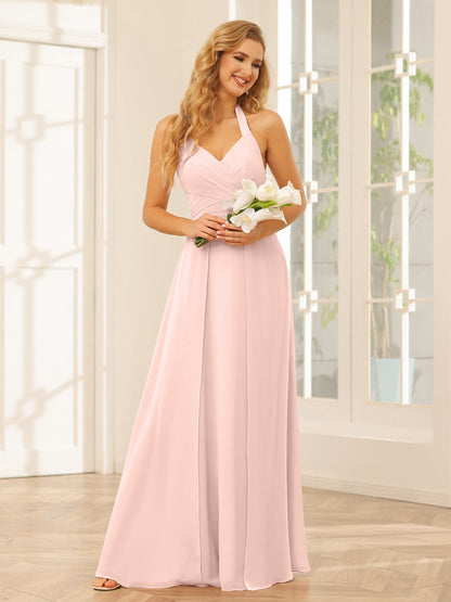 A-Line/Princess Halter Long Bridesmaid Dresses with Split Side