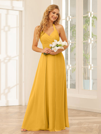 A-Line/Princess Halter Long Bridesmaid Dresses with Split Side