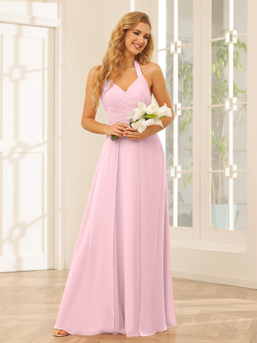 A-Line/Princess Halter Long Bridesmaid Dresses with Split Side