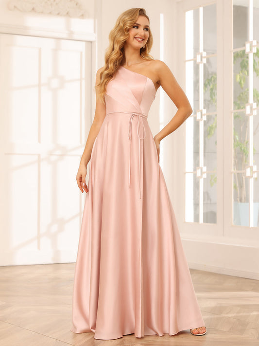 A-Line/Princess One-Shoulder Long Bridesmaid Dresses with Split Side & Sash