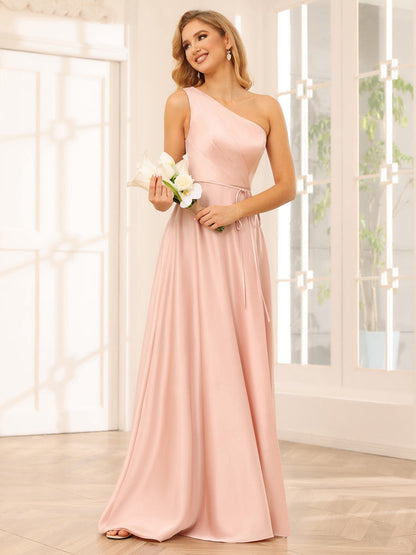 A-Line/Princess One-Shoulder Long Bridesmaid Dresses with Split Side & Sash