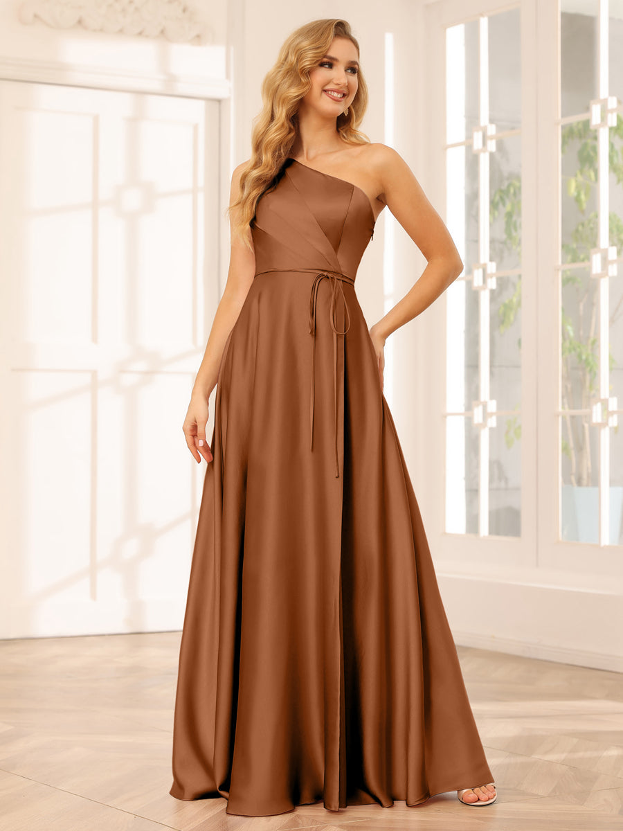 A-Line/Princess One-Shoulder Long Bridesmaid Dresses with Split Side & Sash