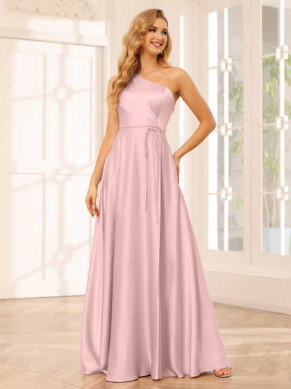 A-Line/Princess One-Shoulder Long Bridesmaid Dresses with Split Side & Sash