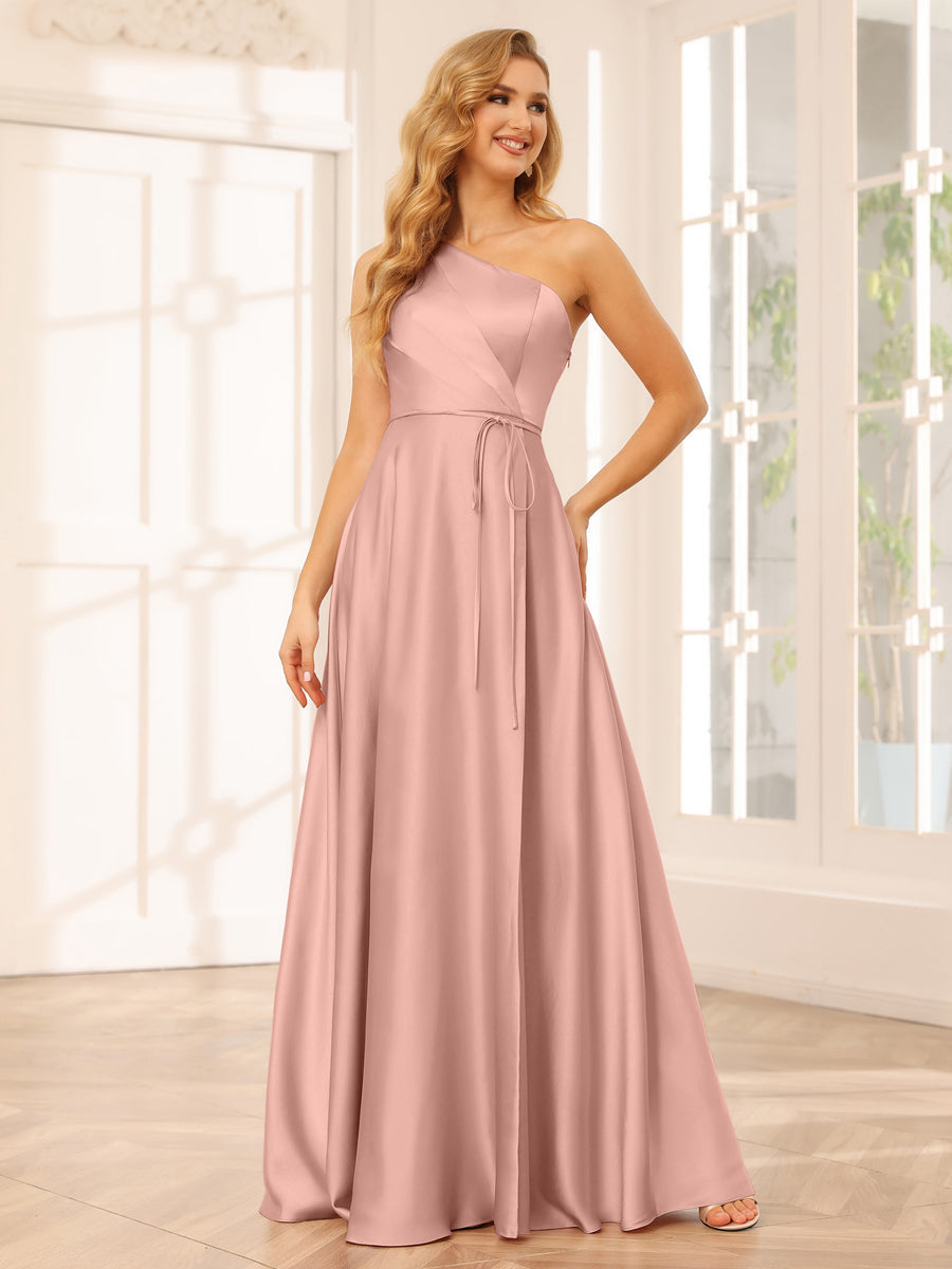 A-Line/Princess One-Shoulder Long Bridesmaid Dresses with Split Side & Sash