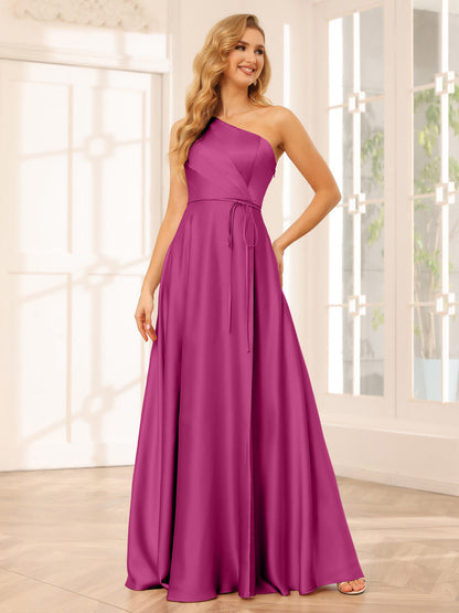 A-Line/Princess One-Shoulder Long Bridesmaid Dresses with Split Side & Sash