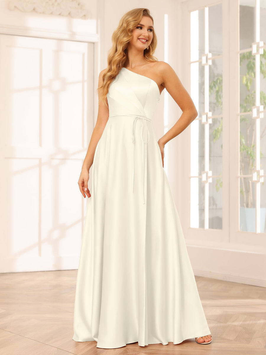 A-Line/Princess One-Shoulder Long Bridesmaid Dresses with Split Side & Sash